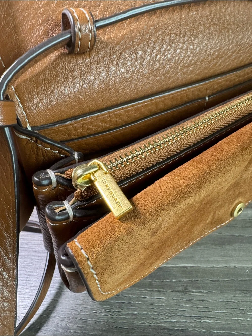 Tory Burch Miller Flap Chestnut Brown Leather Clutch Crossbody Gold Logo $300